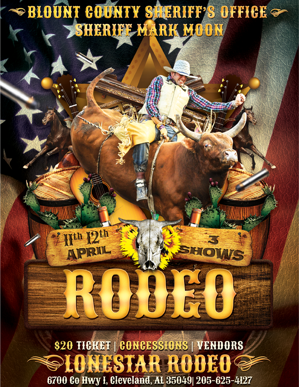 Flyer with man riding a bull advertising the Blount County Sheriff's Office Rodeo to be held April 11 and 12 at the Blount County Multipurpose Center in Cleveland, Alabama