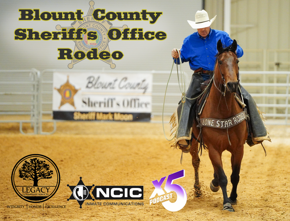 Man riding a horse, Blount County Sheriff's Office Rodeo written on photo