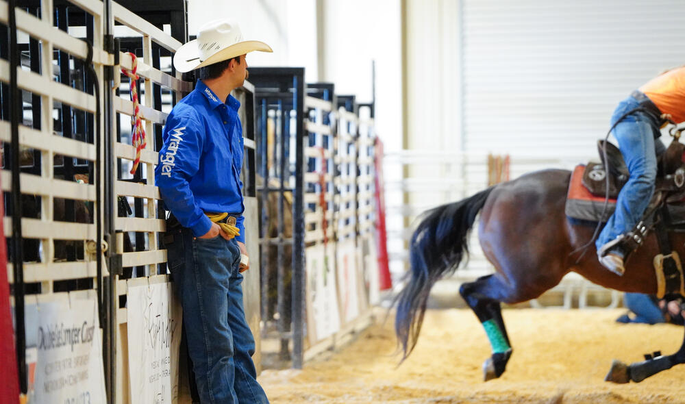 A cowboy leaning against a chute gate wearing a blue shirt and blue jeans watching a horse enter the arena.