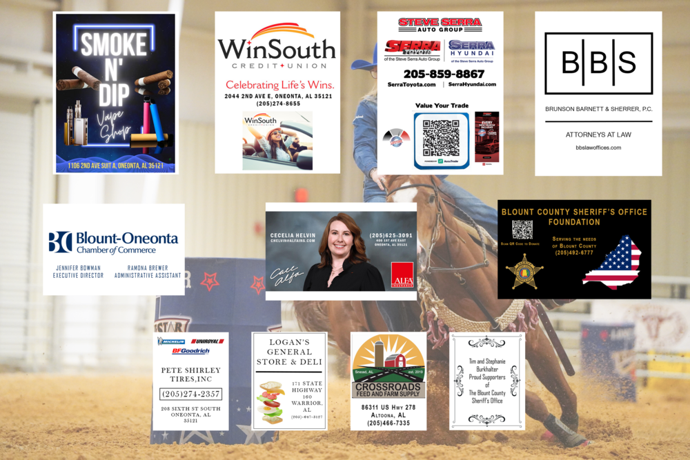 Advertising partners logos on background of rodeo events